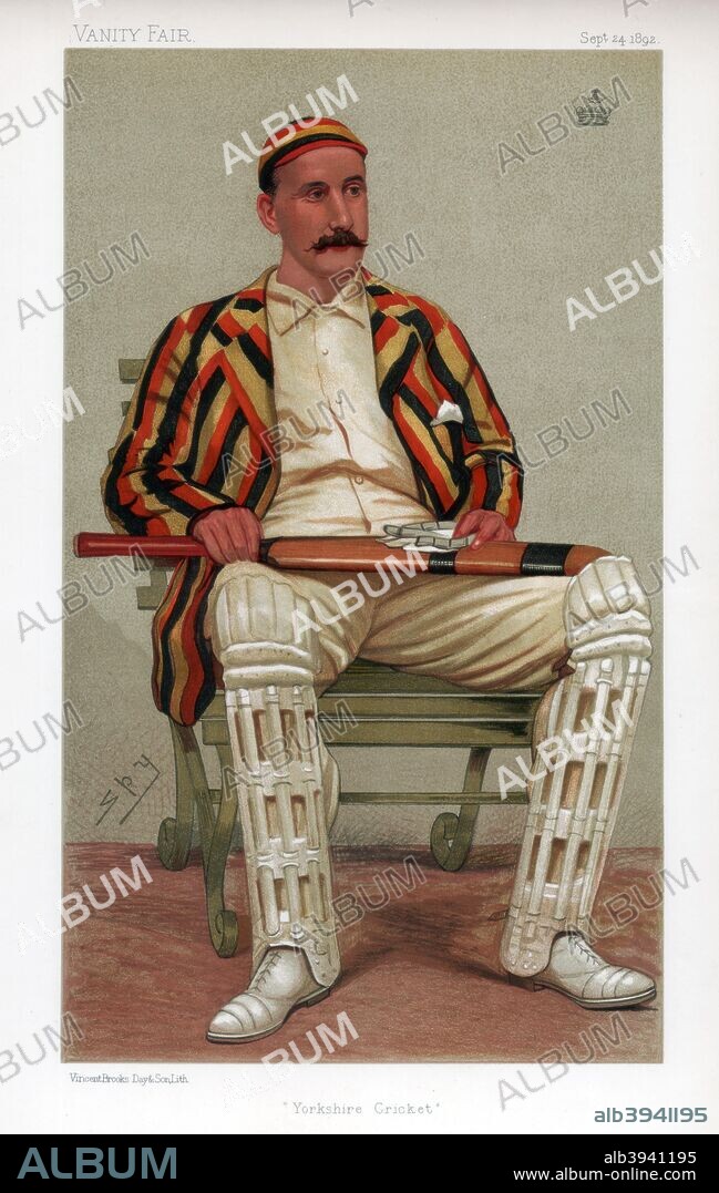 'Yorkshire Cricket', 1892. A portrait of Lord Hawke. Martin Bladen Hawke, 7th Baron Hawke (1860-1938) captained the Yorkshire County Cricket Club for 28 seasons. He also captained England in four test matches, winning all of them. After retiring as a player he served as a selector for the England team as President of the MCC. Cartoon from Vanity Fair, 24th September 1892.