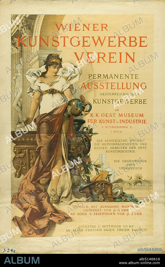 Sergius Hruby, Waldheim-Eberle AG, Wiener Kunstgewerbe Verlag, Wiener Kunstgewerbe Verein - Permanent Exhibition of Austrian Applied Arts, Lithography, Total: Height: 130 cm; Width: 85 cm, signed: u. r. in the printing plate: S. HRUBY, exhibition posters, arts and crafts, arts and crafts, industrial design, woman, applied arts (collecting and exhibiting works of art), symbolic representations, allegories, emblems of art, art sale, auction.