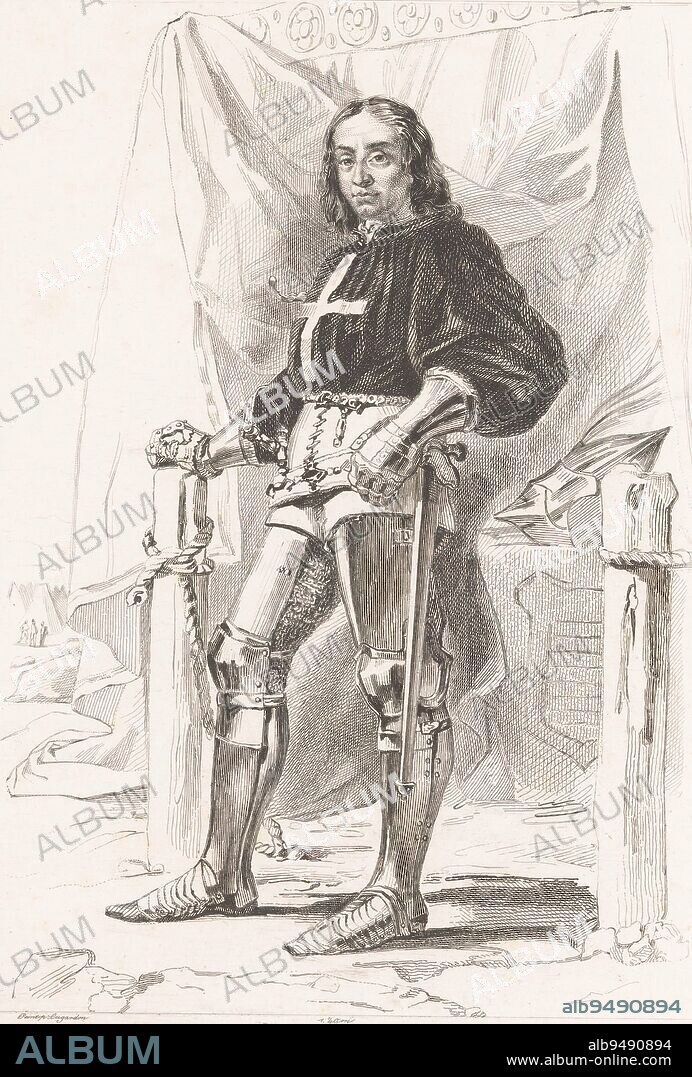 Portrait of Tanneguy III du Chastel, Alexandrine André, after Hippolyte Lalaisse, after Jean-Léonard Lugardon, 1839 - 1848, Numbered top right: 47., print maker: Alexandrine André, (mentioned on object), intermediary draughtsman: Hippolyte Lalaisse, (mentioned on object), after: Jean-Léonard Lugardon, (mentioned on object), print maker: France, intermediary draughtsman: France, after: France, publisher: Paris, 1839 - 1848, paper, etching, engraving, h 265 mm - w 185 mm.