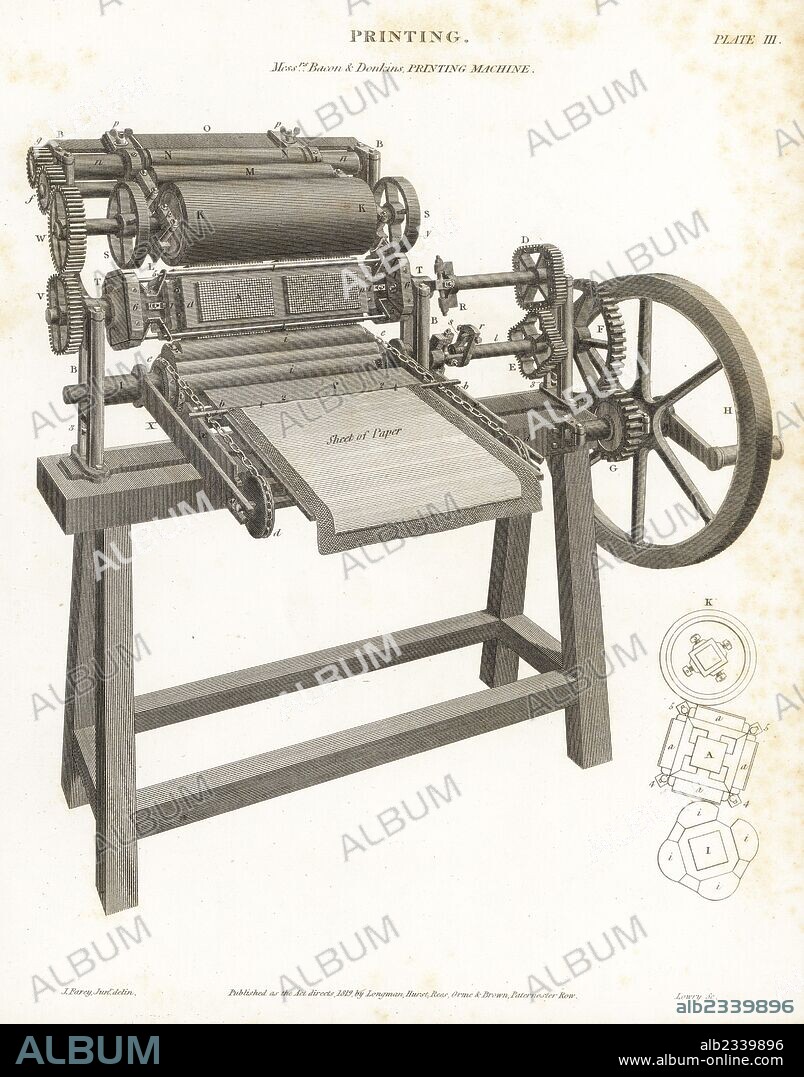 First rotary press printing machine patented by printer Richard Bacon and engineer Bryan Donkin, 1813. Copperplate engraving by Wilson Lowry after an illustration by J. Farey from Abraham Rees' "Cyclopedia or Universal Dictionary," London, 1816.