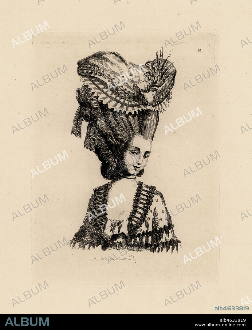Woman in giant pouf hairstyle with bonnet and ringlets, era of Marie Antoinette. Copperplate etching by Auguste Etienne Guillaumot from Costumes et coiffures du XVIIIe siecle, Costumes and hairstyles of the 18th century, Cagnon, Paris, 1875. Original illustration from the Gallerie des Modes et Costumes Francais, 1778-1787.