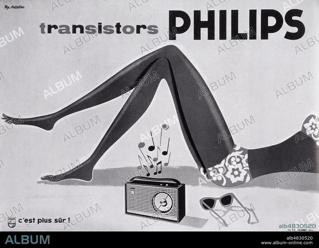 PIERRE FIX-MASSEAU. Publicite des annees 50 pour le transistor PHILIPS par FIX-MASSEAU (1905-1994 = ADAGP) . Credit COllection Grob/Kharbine Tapabor.