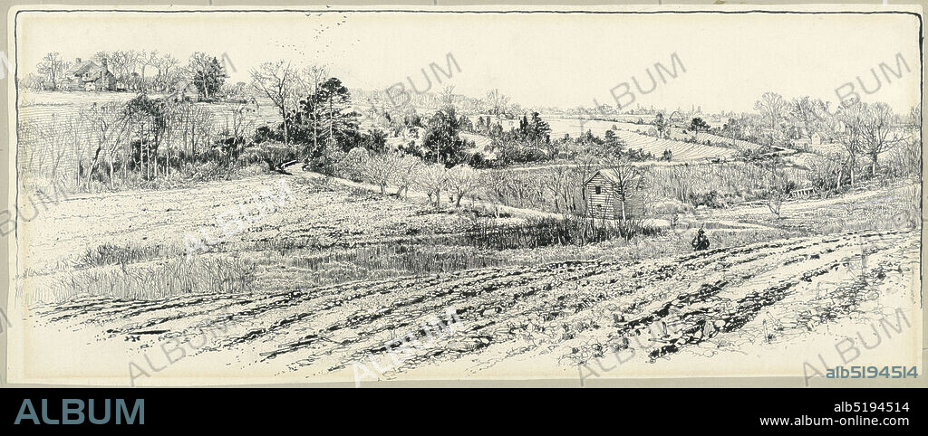 The Battlefield at Beaver Dam Creek, Harry Fenn, American, 18451911, Pen and ink on paper, View of the battlefield. In the middle ground, Ellerson's mill; left background, the Cattin farmhouse., USA, 1885, landscapes, Drawing, Drawing.