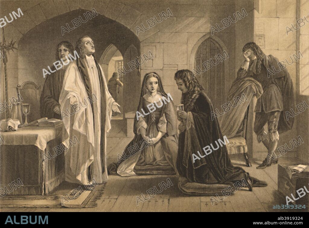 'Lord William Russell Receiving the Sacrament', 1886. Lord Russell (1639-1683), English politician, was among the founders of the Whig Party. Russell supported attempts in Parliament to exclude the Roman Catholic James II from succeeding to the throne. He was accused, on trumped-up evidence, of complicity in the Rye House Plot to murder Charles II. He was executed in 1683. After Alexander Johnston (1815-1891). From Illustration of English and Scottish History, Volume I by Thomas Archer. [Blackie & Son, London, Glasgow and Edinburgh, 1886].