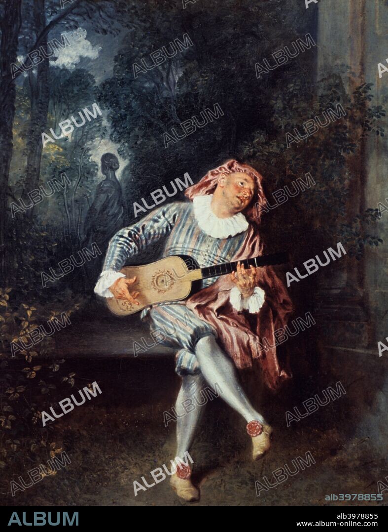 'Mezzetin' (half-measure),1718-1720. Mezzetin, a stock character of the commedia dell'arte, the improvisational theater form of Italian origin, was an amorous valet who frequently engaged in the pursuit of unrequited love. Here he is shown playing the guitar before a garden in which a young woman - perhaps a statue, perhaps the painting of a statue on a stage set - stands with her back turned, presumably rejecting his romantic entreaties. From the collection of The Metropolitan Museum of Art, New York, U.S.A.
