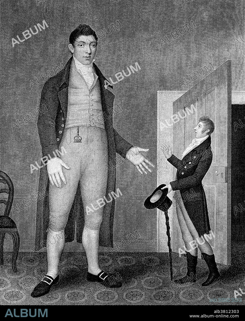Bradley aged 18 and half years. His measures in the caption are: height 7 feet 8 inches, chest circumference 4 feet 8 inches, width of hand 5.25 inches, foot length 15.5 inches, weight 375 pounds. William Bradley (February 10, 1787 - May 30, 1820) is the tallest recorded British man that ever lived, measuring 7 feet 9 inches tall. He was the fourth son in a family of thirteen and weighed 14 pounds at birth. He travelled with a group of showmen under the alias of the Yorkshire Giant. After touring many fairs up and down the country, including the Hull Fair, he parted from his minder by 1815 to manage himself. He would charge a shilling for each person to visit him in a room which he hired in various towns. He was presented before King George III at Windsor who gave him a large golden watch on a chain, which he wore for the rest of his life. Bradley died in 1820, in his hometown of Market Weighton, at the age of 33. He was buried inside the church because of fears of graverobbing. His house still stands on Market Hill. Engraving by Samuel Freeman, 1811.