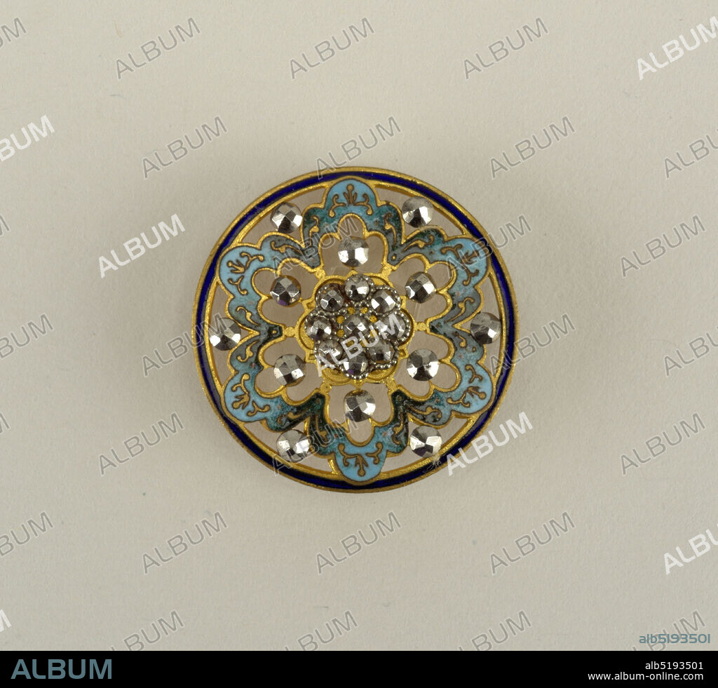 Button, Brass, steel, colored enamel, Button of brass, cut-out design with ornaments of steel and enamel. -a: central ornament of cut-steel surrounded by six-lobed figure in blue enamel with brass decoration. Brass shank., late 19th century, costume & accessories, Decorative Arts, Button.