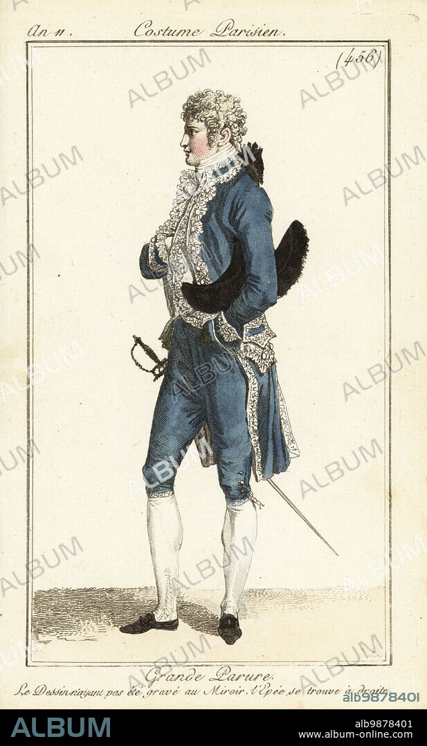 French dandy in formal court costume. He wears a blue frock coat and gilet trimmed with lace, a bicorn under his arm, sword on the right. Grande parure. Le Dessin n'ayant pas été gravé au Miror, l'Epée se trouve à droite. Handcoloured copperplate engraving from Pierre de la Mesangeres Journal des Dames et des Modes, Magazine of Women and Fashion, Paris, An 11, 1803. Illustrations by Carle Vernet, Jean-Francois Bosio, Dominique Bosio and Philibert Louis Debucourt, engraved by Pierre-Charles Baquoy.