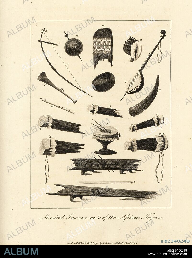 Musical Instruments of the African Negroes. Qua-qua 1, kiemba-toetoe flute 2, ansokko-baina balafon 3, great Creole drum 4, great Loango (Congo) drum 5, papa drum 6, small Loango drum 7, small Creole drum 8, coeroema drum 9, Loango-bania thumb piano 10, calabash 11, saka-saka shekere 12, conch shell 13, benta 14, Creole-bania guitar 15, trumpet of war 16, work horn 17, and Loango too-too flute 18. Copperplate engraving after an original illustration by Captain John Gabriel Stedman from his "Narrative of a Five Years' Expedition against the Revolted Negroes of Surinam," J. Johnson, London, 1813.