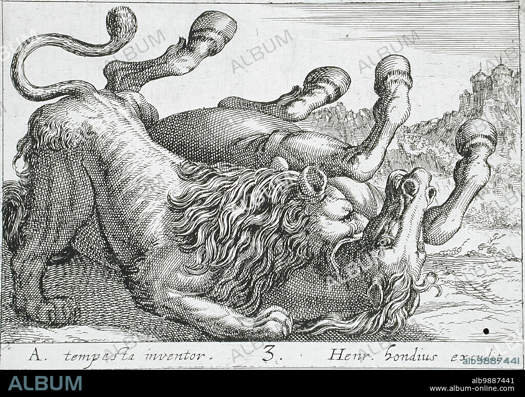 HENDRICK HONDIUS I. A Lion Biting a Horse's Neck, 1610. From Battling Animals, pl. 3.