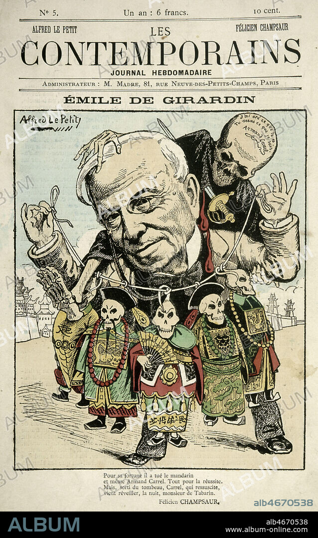 Caricature representant Emile de GIRARDIN (1806-1881) a propos de la mort d'Armand CARREL (1800-1836) qu'il a tue en duel, par Alfred LE PETIT (1841-1910) publiee dans le journal Les Contemporains dans les annees 1880. Credit : Collection KHARBINE-TAPABOR.