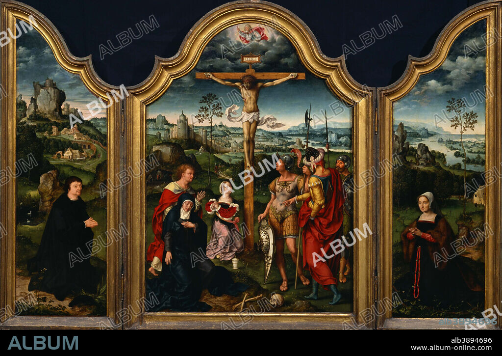 JOOS VAN CLEVE. Triptych: The Crucifixion Flanked by the Kneeling Donor and His Wife. Date/Period: First half of the 16th century. Painting. Oil on panel oil on panel. Height: 1,170 mm (46.06 in); Width: 1,550 mm (61.02 in).