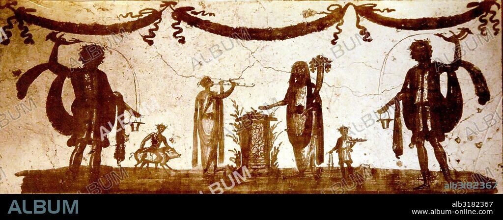 [Pompeya, pintura mural, personajes con cenefa floral].
