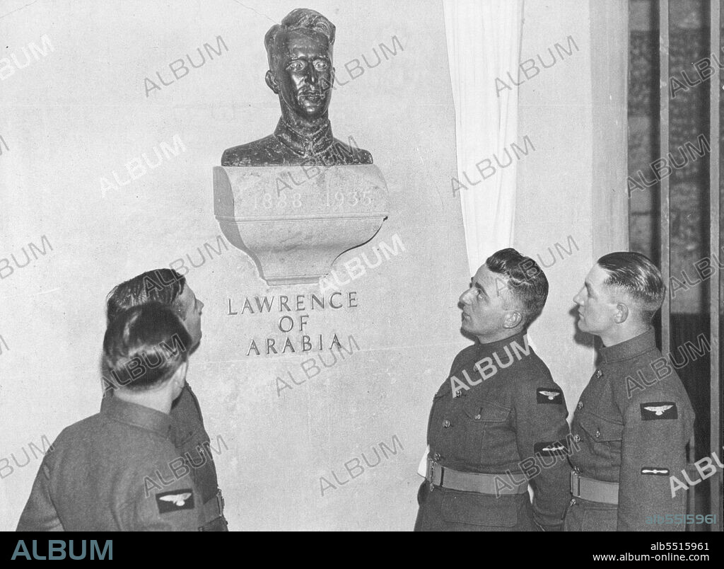 Lawrence Of Arabia Memorial Bust -- Unveiling of the memorial to Thomas Edward Lawrence, "Lawrence of Arabia", in the Crypt of St. Paul's Cathedral, (London), by Lord Halifax, followed by a service.Men of the Royal Air Force beside the memorial bust after the unveiling ceremony. January 29, 1936. (Photo by Sport & General Press Agency, Limited).