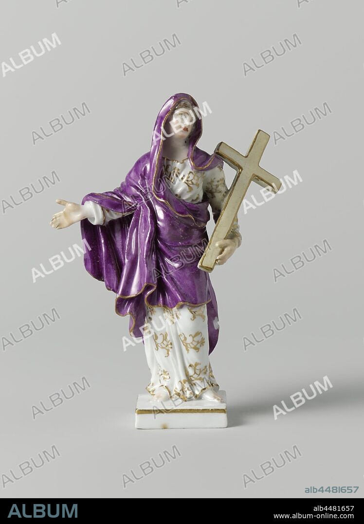 Fides (Faith), Figure of painted porcelain. A woman (Fides) with a cross in her left hand stands on a square gold-edged pedestal. She is wearing a white dress painted with golden flowers and a purple cloak. The figure is marked, Faith, 'Fides', 'Fede', 'Fede catholica', 'Fede christiana', 'Fede christiana catholica' (Ripa), one of the Three Theological Virtues, Meissener Porzellan Manufaktur, Meissen, c. 1779 - c. 1800, porcelain (material), h 12.4 cm × w 9 cm × d 3.8 cm.