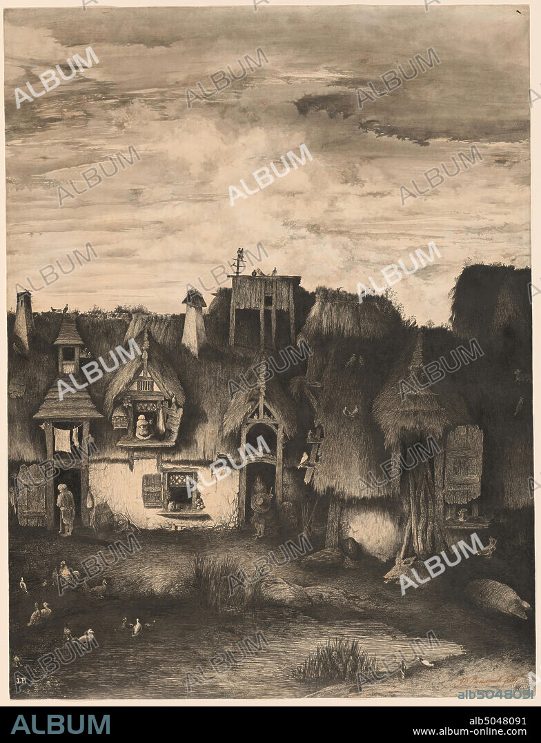 Rodolphe Bresdin, (artist), French, 1822 - 1885, Fantasy Farmhouse, 1853, pen and black ink and gray wash with touches of red-brown crayon, surface scraping on Bristol board, overall: 60 x 45.8 cm (23 5/8 x 18 1/16 in.).