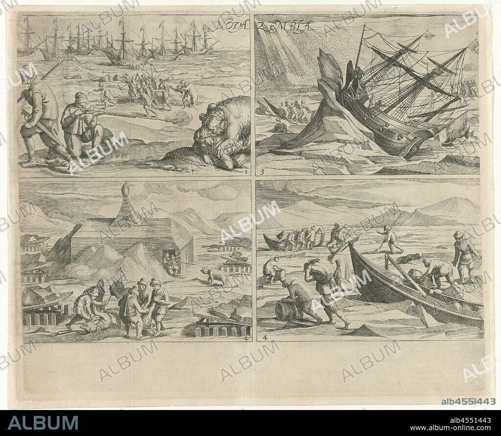 Nova Zembla, Sheet with four copies after the original illustrations in the travelogue of the journey of Willem Barendsz and Jacob van Heemskerck in 1596-1597 and the stay on the island of Nova Zembla. Numbered 1 to 4. Top left (1): Shooting of the polar bear that had attacked two sailors, September 6, 1595. In the background the ships off the coast. Bottom left (2): Shooting and skinning of a polar bear at the Behouden Huys, 12 February 1597. Top right (3): The ship jammed and lifted by the ice, 27 August - 1 September 1596. The crew brings the sloop and provisions to shore.. Bottom right (4): The sloop crushed by the sliding ice is unloaded again, July 1, 1597, Behouden Huys, anonymous, Northern Netherlands, 1615 - 1650, paper, engraving, h 260 mm × w 315 mm.