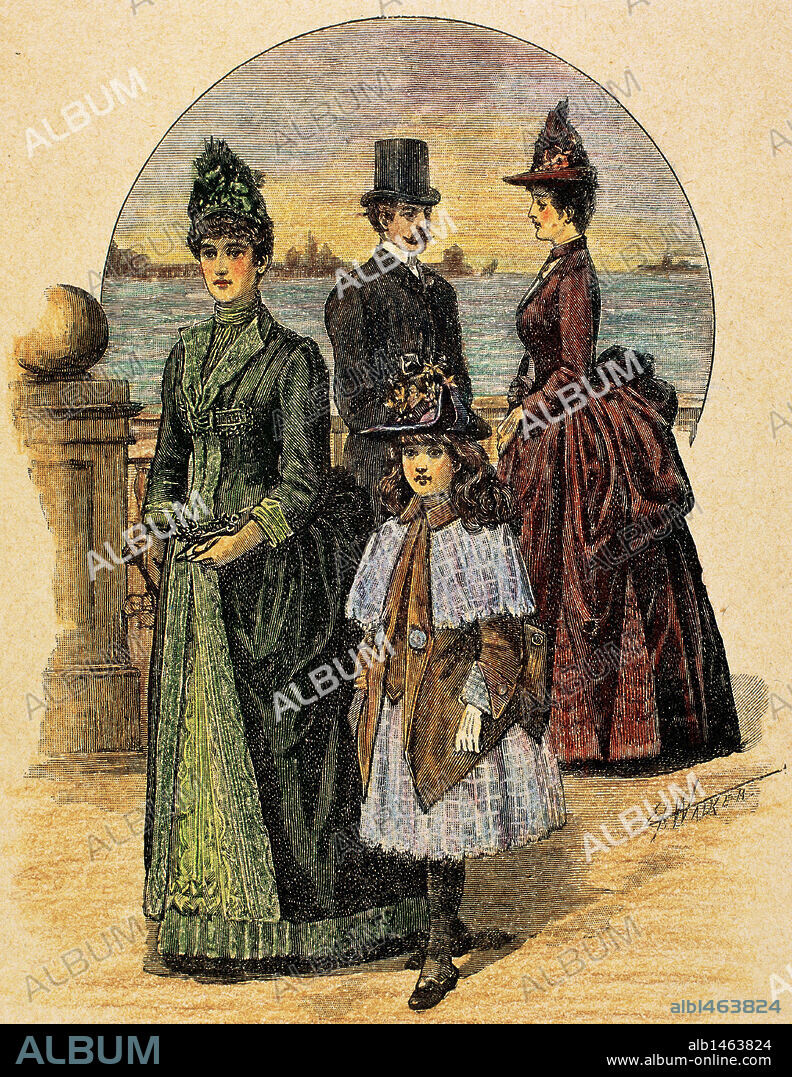 BURGUESIA. Trajes de paseo. Grabado coloreado del año 1870.