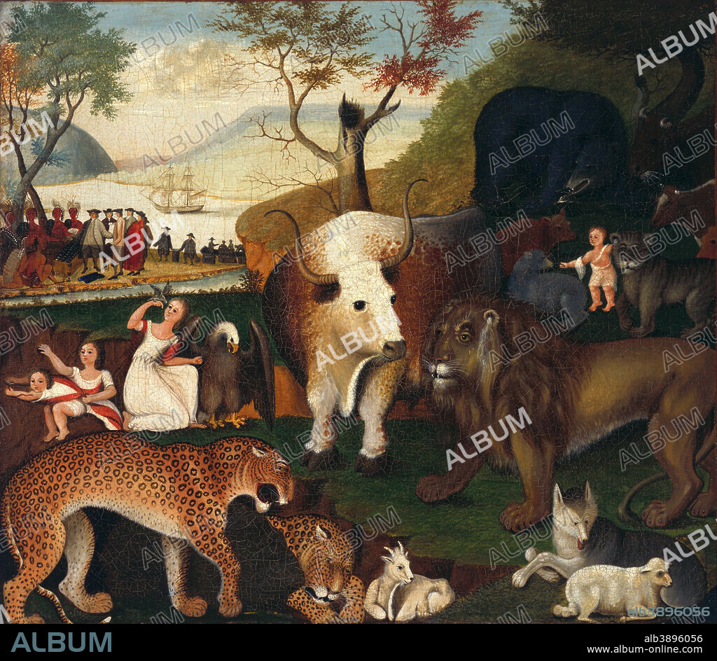 EDWARD HICKS. The Peaceable Kingdom. Date/Period: Ca. 1840s. Painting. Height: 635 mm (25 in); Width: 723.90 mm (28.50 in).