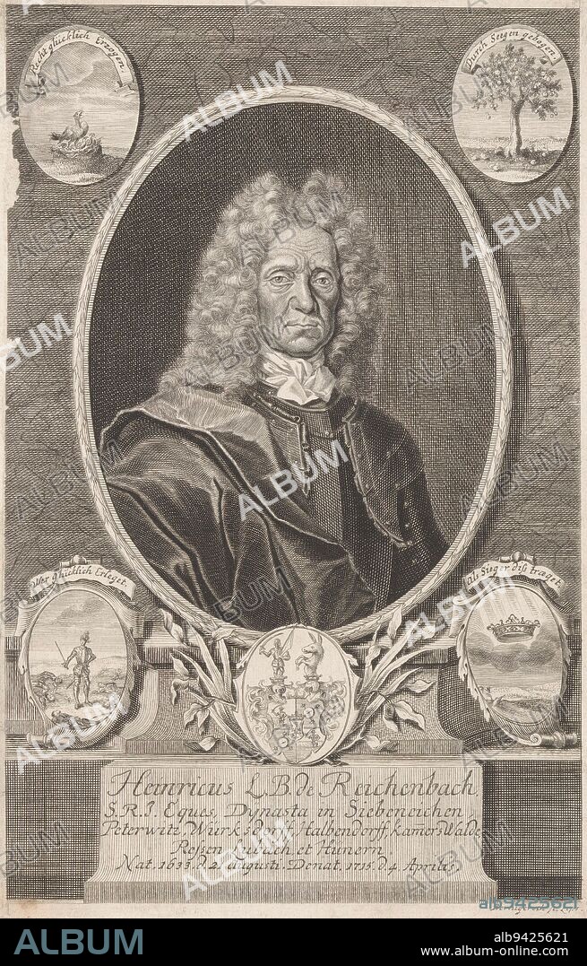 Portrait of Heinrich Leopold, Baron von Reichenbach, Martin Bernigeroth, 1715 - 1733, print maker: Martin Bernigeroth, (mentioned on object), Leipzig, 1715 - 1733, paper, etching, engraving, h 305 mm × w 183 mm.