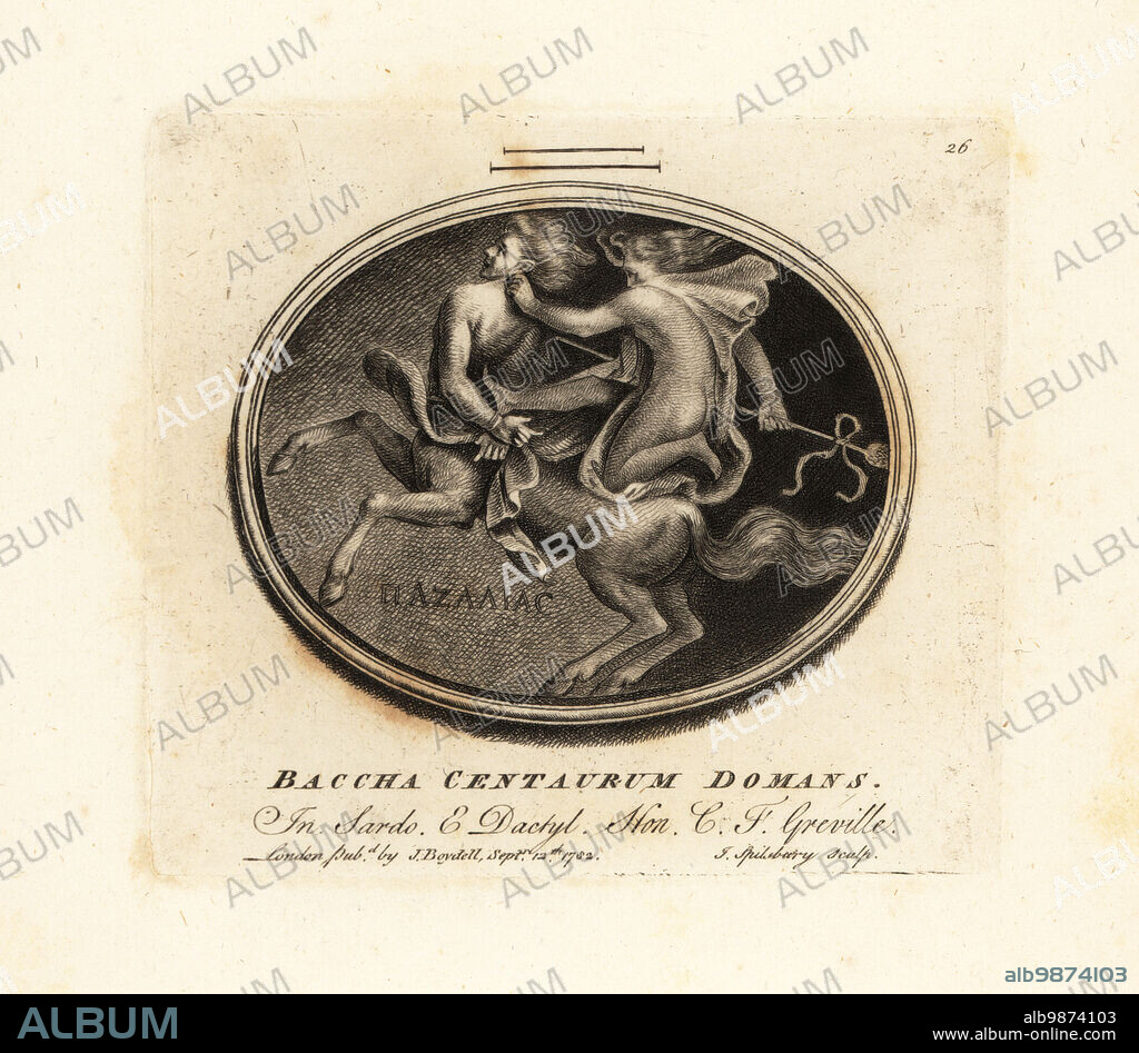Bacchus, Roman god of win, with thyrsus (pine-cone staff) riding a centaur with its hands tied behind its back. Engraved on sardonyx and dactylotheca from the collection of the antiquarian Charles Francis Greville. Baccha Centaurum Domans. Mezzotint copperplate engraving by John Spilsbury from his Collection of Fifty Prints from Antique Gems, John Boydell, London, 1785.