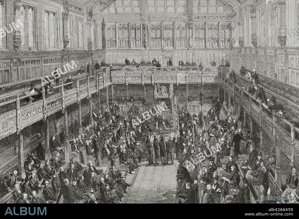 Inglaterra. Londres. La Cámara de los Comunes durante la sesión de 72 horas con motivo de la discusión del"Bill", sobre medidas coercitivas en Irlanda. Grabado. La Ilustración Española y Americana,15 de febrero de 1881.