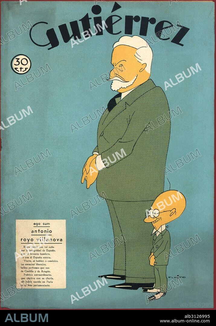 RICARDO GARCÍA LÓPEZ. Portada de la revista satírica Gutiérrez. Caricatura de Antonio Royo Villanova (1869-1958), político y periodista de ideología derechista. Año 1934. Dibujo de K-Hito.