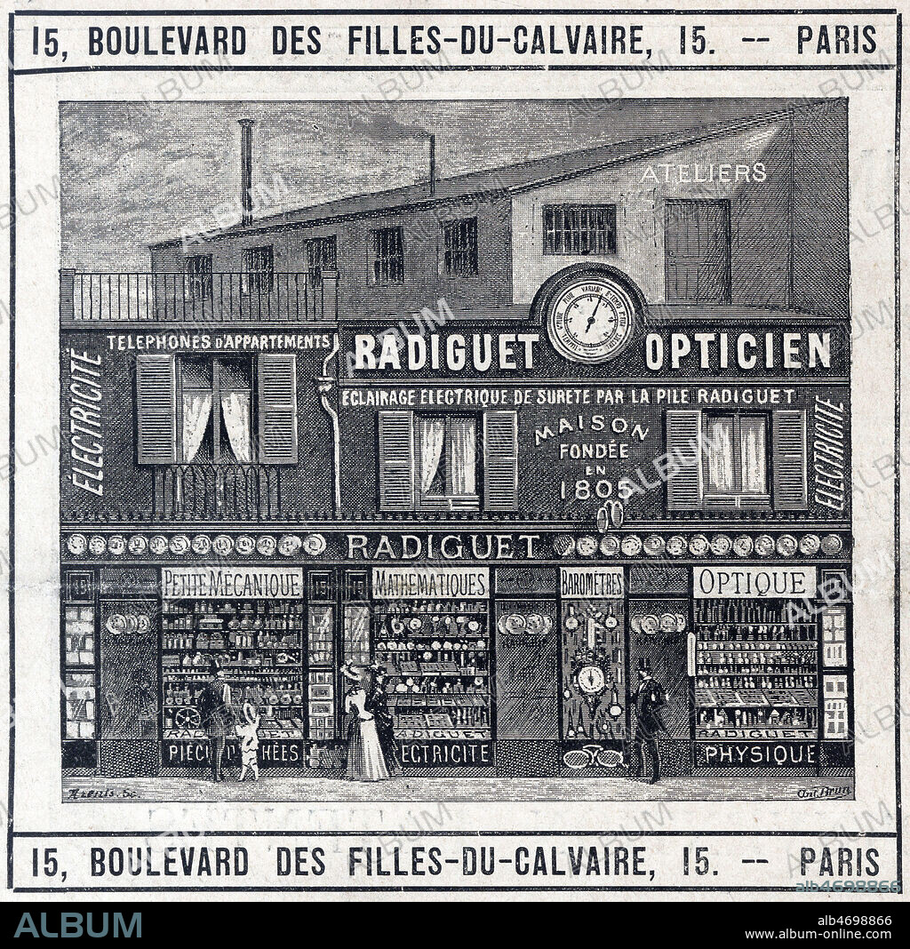 Vitrine de l'opticien et inventeur Arthur RADIGUET (1850-1909) Boulevard des Filles du Calvaire a Paris. Illustration de Ant. BRUN pour une annonce publicitaire parue dans Le Chercheur de mars 1890. Credit : Collection Jonas/Kharbine-Tapabor.