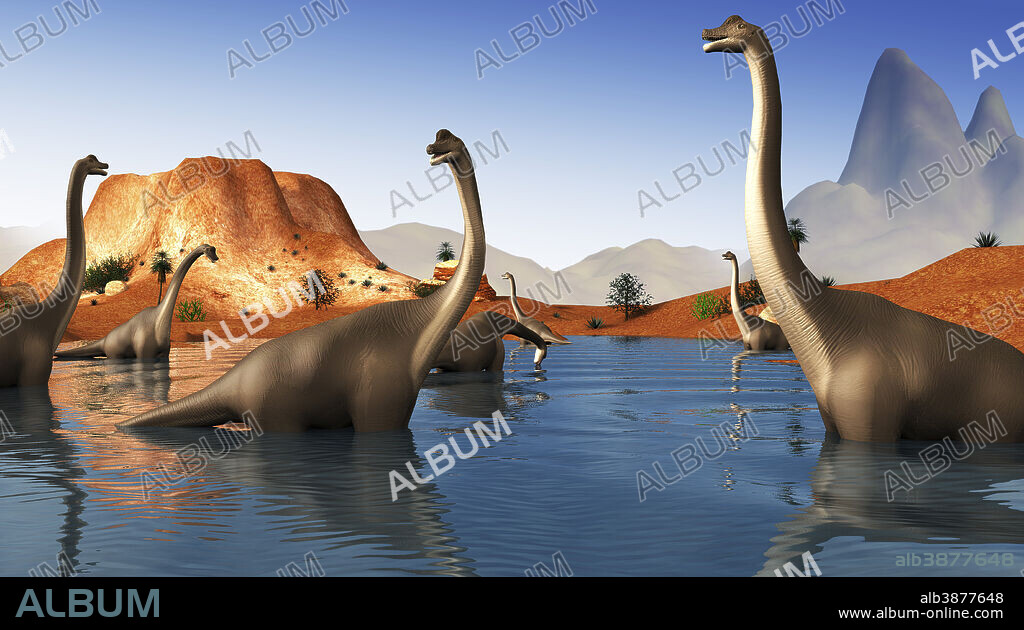 Brachiosaurus dinosaurs grazing in a prehistoric lake.