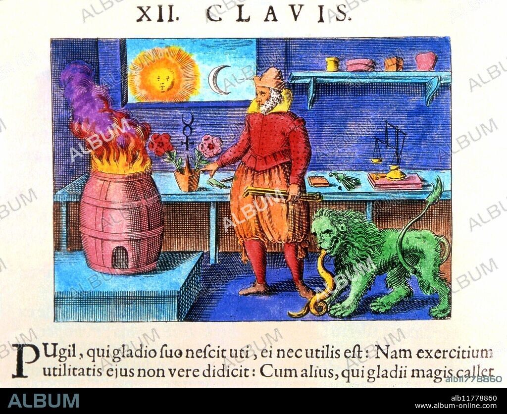 ALCHEMY - Lion Eating Snake. The lion of Sulphur devouring the snake Mercury, with the secret alchemical fire of Calcination. From Maier's 'Tripus Aureus', 1618.