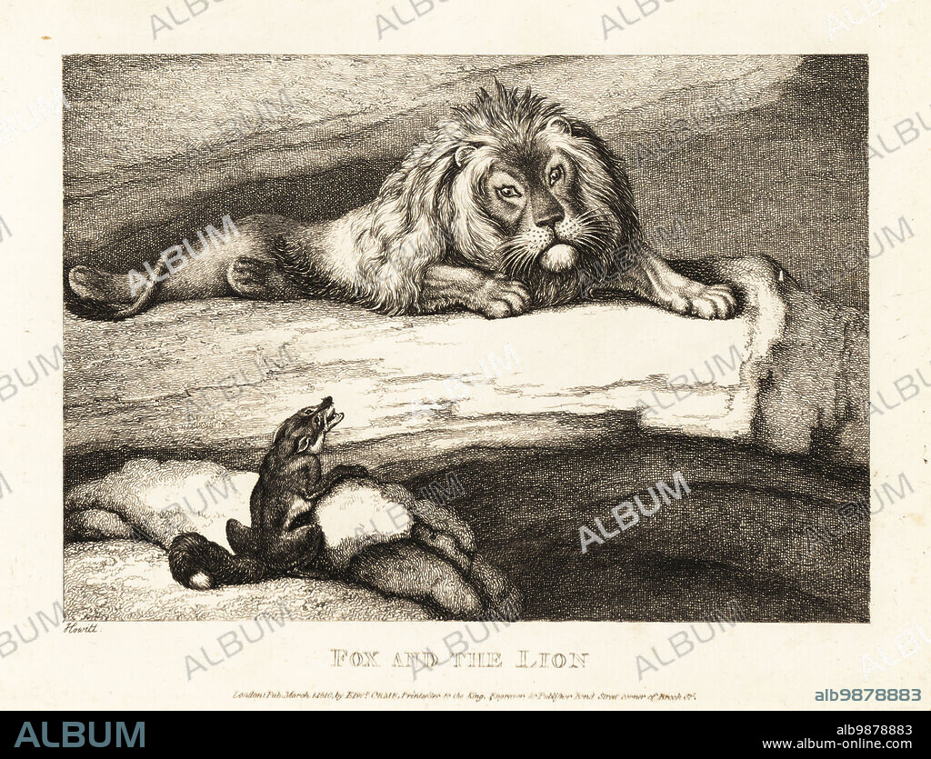 A fox foolishly approaching a male lion in his den. Fox and the lion. Illustration of a fable by Greek author Aesop. Copperplate etching drawn and engraved from life by Samuel Howitt from his own A New Work of Animals, Principally Designed from the Fables of Aesop, Gay and Phaedrus, Edward Orme, London, 1811.