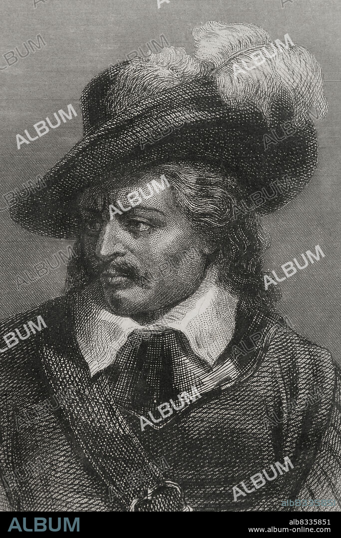 Oliver Cromwell (1599-1658). Político y militar inglés. Lord Protector de la república denominada Mancomunidad de Inglaterra (1653-1658). Retrato. Grabado. Historia Universal, por César Cantú. Tomo V. 1856.