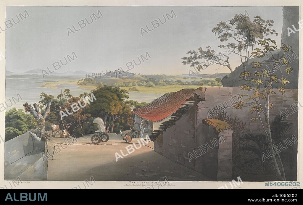 JAMES WALES. View from Sion Fort. A view from the gate of the fort looking down between Bombay and the Neat's Tongue, bound by the mountains of Maharashtra. The land on the right is on the island of Bombay. Bombay Views: Twelve Views Of The Island Of Bombay And Its Vicinity Taken In The Years 1791 And 1792. London, R. Cribb, 1804. Source: X 436, plate 10. Language: English.