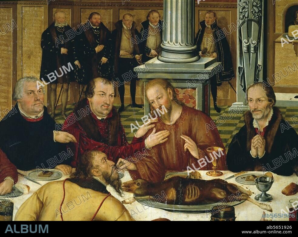 LUCAS CRANACH DER JÜNGERE. Cranach, Lucas d. J. 1515-1586. "Das Abendmahl", 1565. / Ausschnitt. (Epitaph für Joachim von Anhalt; anstelle der Apostel evangelische Theologen, u. a. Luther und Melanchton). Ehemals Stadtkirch Dessau, heute Dorfkirche Mildensee bei Dessau.