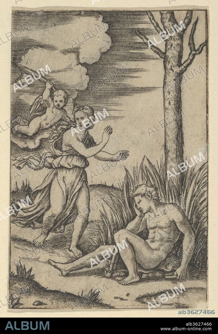 Diana followed by cupid at left, Endymion at right. Artist: Marcantonio Raimondi (Italian, Argini (?) ca. 1480-before 1534 Bologna (?)); Designed by Raphael (Raffaello Sanzio or Santi) (Italian, Urbino 1483-1520 Rome). Dimensions: 2 15/16 × 1 15/16 in. (7.5 × 5 cm). Date: ca. 1500-1534.