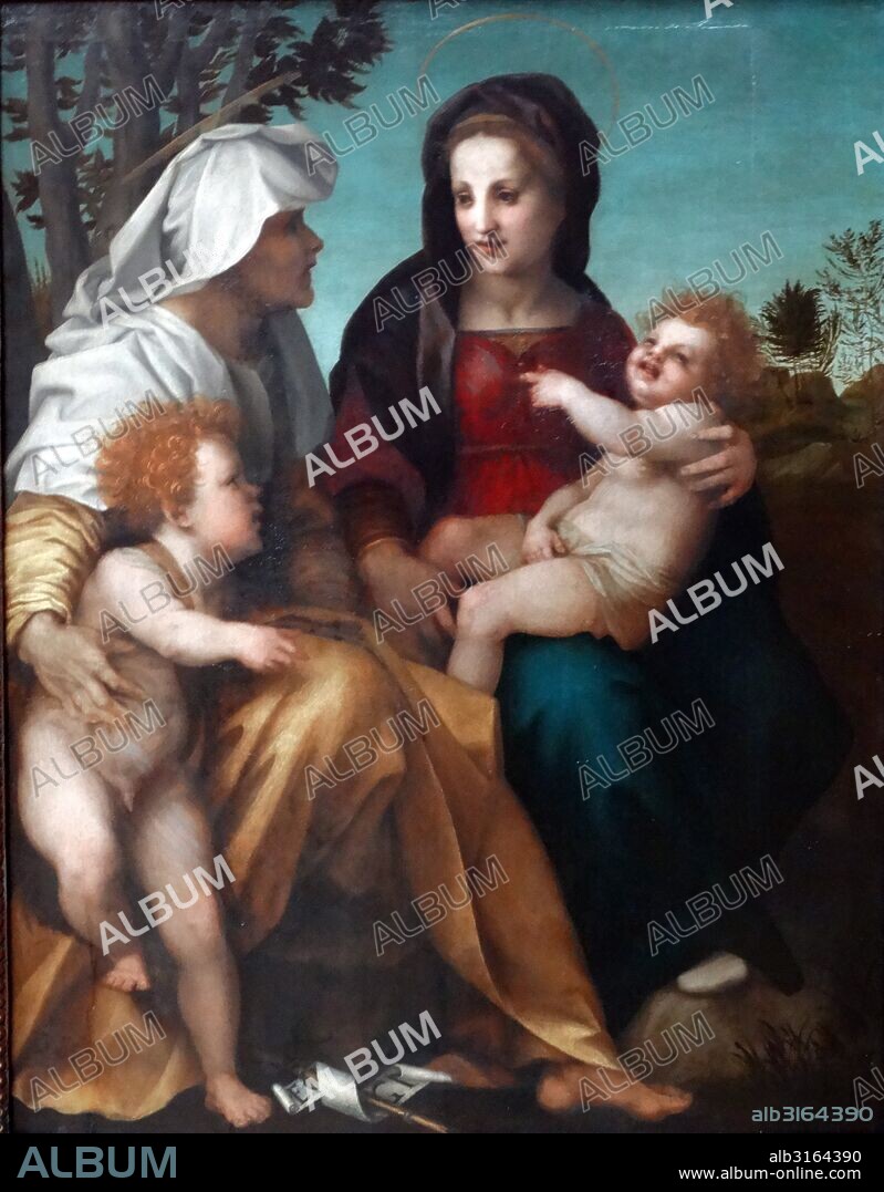 Painting titled 'The Madonna and Child, Saint Elizabeth and the Baptist' by Andrea del Sarto (1486-1530) Italian painter from Florence. Dated 16th Century.