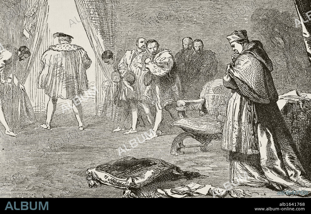 King Henry VIII of England dismisses Thomas Cardinal Wolsey 1529. From The National and Domestic History of England by William Aubrey published London circa 1890.
