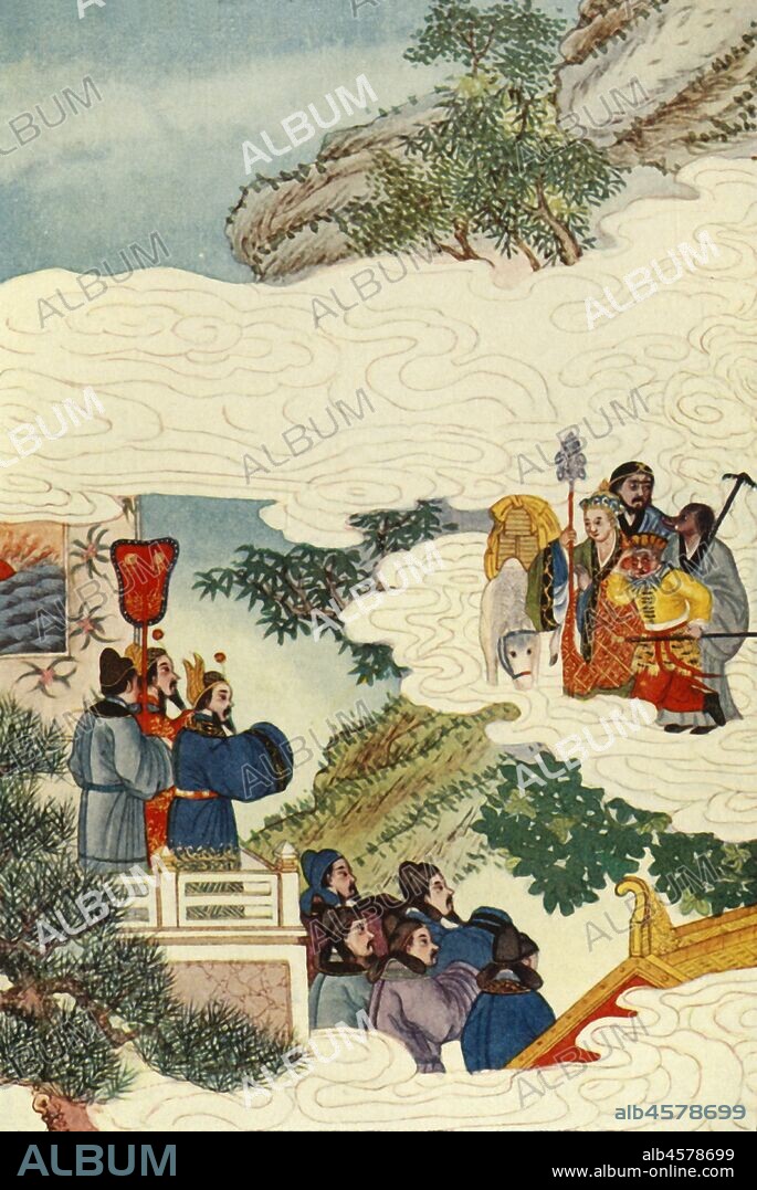 'The Return to China', 1922. The Monkey King, Sun Wukong returns to China after encountering a series of eighty-one tribulations before returning safely to China in the 16th-century Chinese novel Journey to the West by Wu Cheng'en. From "Myths and Legends of China", by E. T. C. Werner. [George G. Harrap & Co. Ltd., London, Calcutta, Sydney, 1922].