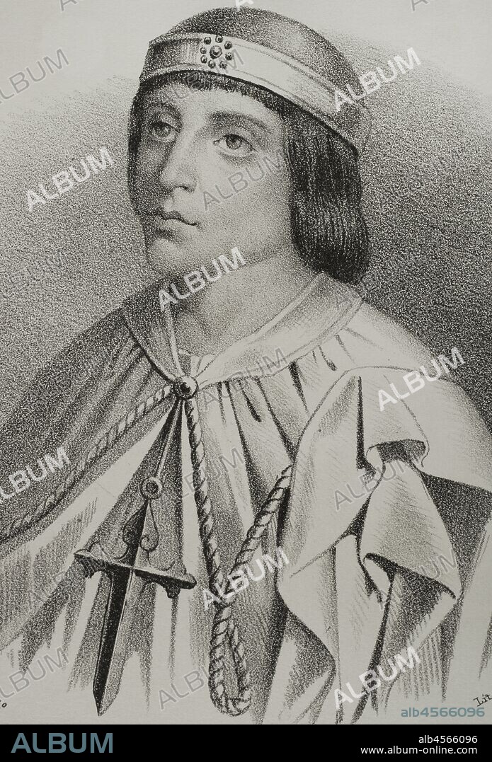 Alvaro de Luna (1390-1453). Noble castellano de la casa de Luna. Condestable de Castilla, maestre de la Orden de Santiago y valido del rey Juan II de Castilla. Dibujo por Llanta. Detalle. Litografía. Crónica General de España, Historia Ilustrada y Descriptiva de sus Provincias. Aragón, 1866. Biblioteca Histórica Militar de Barcelona, Cataluña, España.