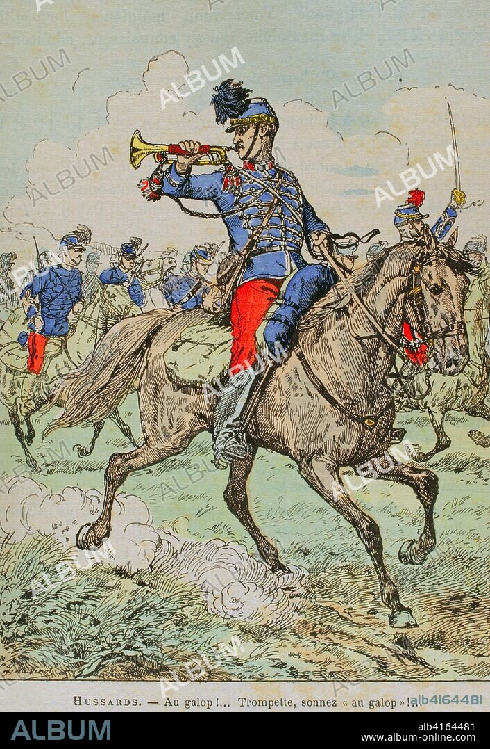 Ejército francés. Húsares. Trompeta, toque "Al galope". Ilustración a color de la "Armeé Française, Nos Soldats" (Ejército Francés, Nuestros Soldados). Autor, Eugene Hennebert (1826-1896). París, h. 1890. Ilustración firmada por Hussenot y Pallandre. Biblioteca Histórico Militar de Barcelona, Cataluña, España.