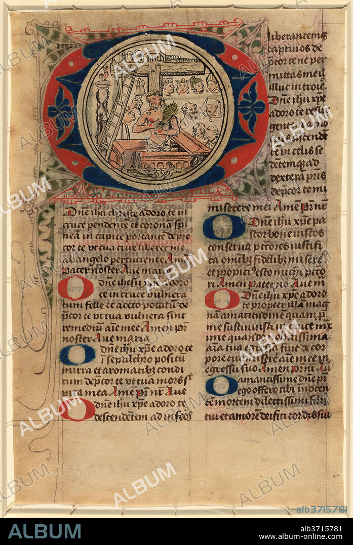 NETHERLANDISH 15TH CENTURY. Christ as the Man of Sorrows. Dated: c. 1500. Medium: engraving,  hand-colored in red, tan, violet, green and flesh; pasted into an initial "O" on an illuminated vellum sheet, torn from a book.