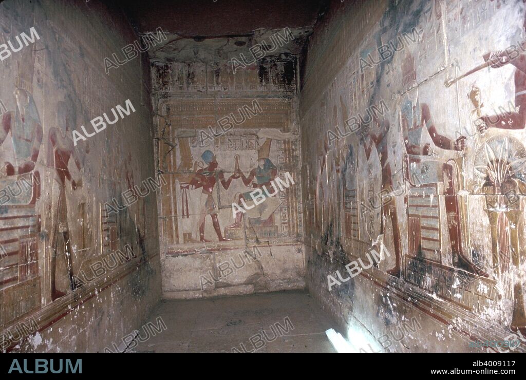 Interior of the Horus Chapel: Sethos I before Horus (hawk-headed god), Temple of Sethos I, Abydos, Egypt, 19th Dynasty, c1280 BC.