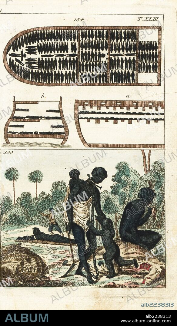 Diagram of slaves in the hold of a slave ship, and vignette of a woman slave in chains working on a coffee plantation with her small children, while another slave is whipped behind her. Handcolored copperplate engraving from G. T. Wilhelm's "Encyclopedia of Natural History: Mankind," Augsburg, 1804. Gottlieb Tobias Wilhelm (1758-1811) was a Bavarian clergyman and naturalist known as the German Buffon.