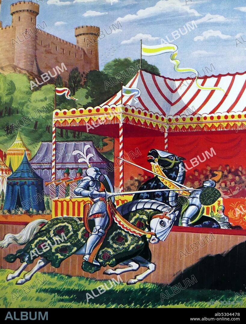 Illustration depicting medieval English jousting, a martial game or hastilude between two horsemen wielding lances with blunted tips, often as part of a tournament. The primary aim was to replicate a clash of heavy cavalry, with each participant trying hard to strike the opponent while riding towards him at high speed, breaking the lance on the opponent's shield or jousting armour if possible, or unhorsing him.