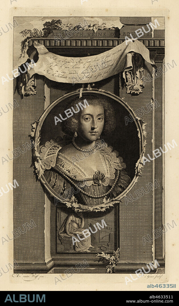 Elisabeth Stuart, Queen of Bohemia, Electress of the Palatinate, wife to Frederick V, the Winter King. Elisabeth, Reine de Boheme. In dress with quited slashed sleeves, lace collar with pearls. Vignette of woman pondering a fallen crown. Copperplate engraving by Pieter Stevens van Gunst after Adriaen van der Werff from Isaac de Larreys Histoire dAngleterre, dEcosse et dIrlande, Amsterdam, 1730.