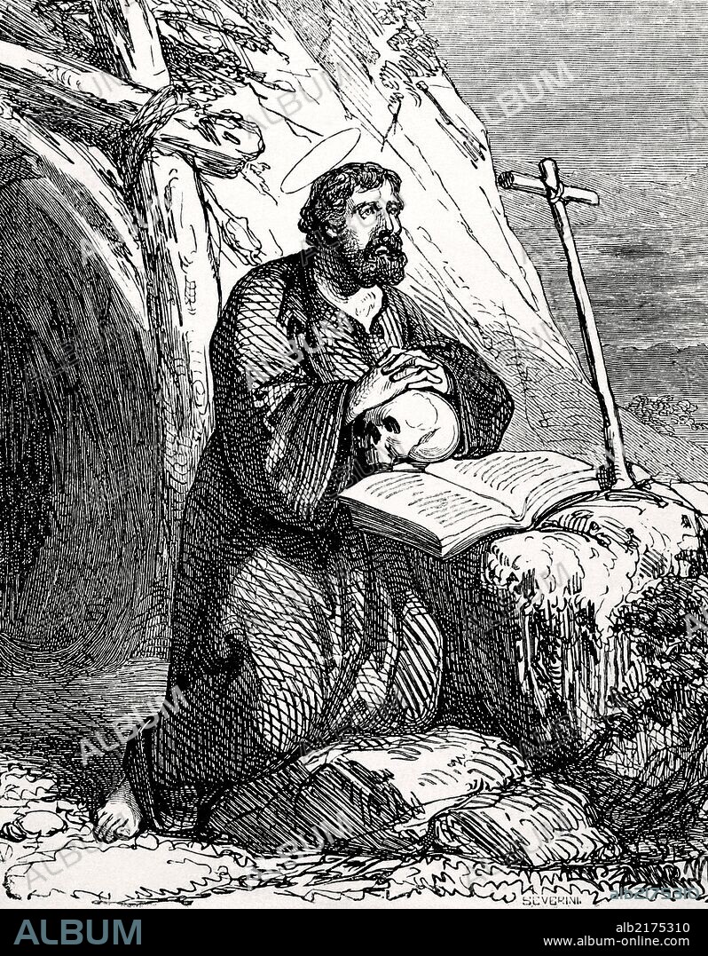 JUAN EL PRESBITERO o JUAN EL ANCIANO (m. 362). Presbítero y mártir cristiano. Grabado de Severini. "Año Cristiano", 1852.