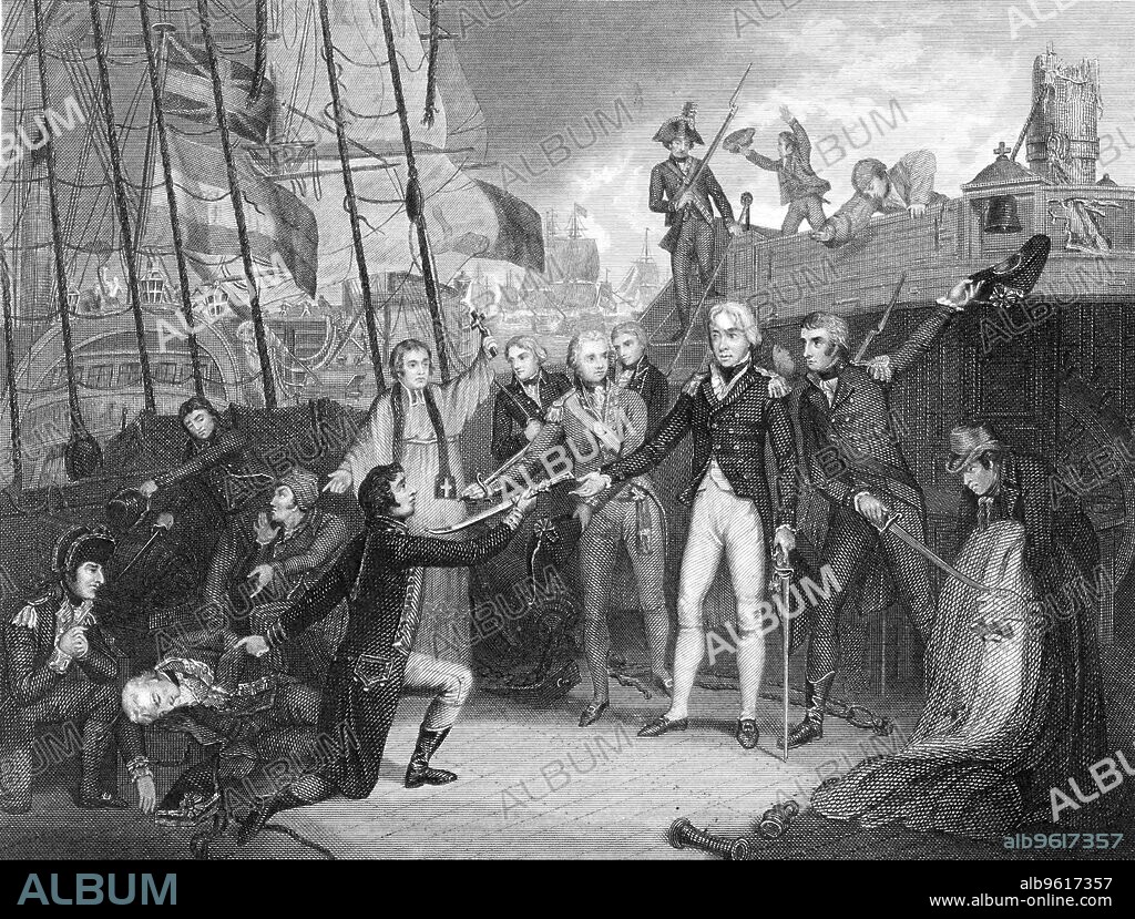Surrender of the Spanish ship 'San Josef' after the Battle of Cape St Vincent, 1797. Nelson accepting the surrender of the Spanish admiral's sword on board the 'San Josef'. Engraving after a painting of 1799 by Daniel Orme.