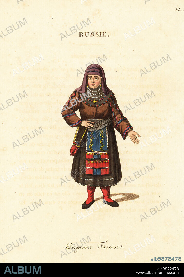 Finnish peasant woman in winter wear, 18th century. She wears an dress of coarse walmar cloth, painted and embroidered apron, linen scarf and girdle, necklaces of glass beads. Paysan Finoise. Handcoloured copperplate engraving after an illustration by Johann Gottlieb Georgi from J-B. Eyries La Russie: Costumes, Moeurs et Usages des Russes, Russia: Costumes, Manners and Mores of the Russians, Librairie de Gide Fils, Paris, 1823. Jean-Baptiste Eyries (1767-1846) was a French geographer, author and translator.