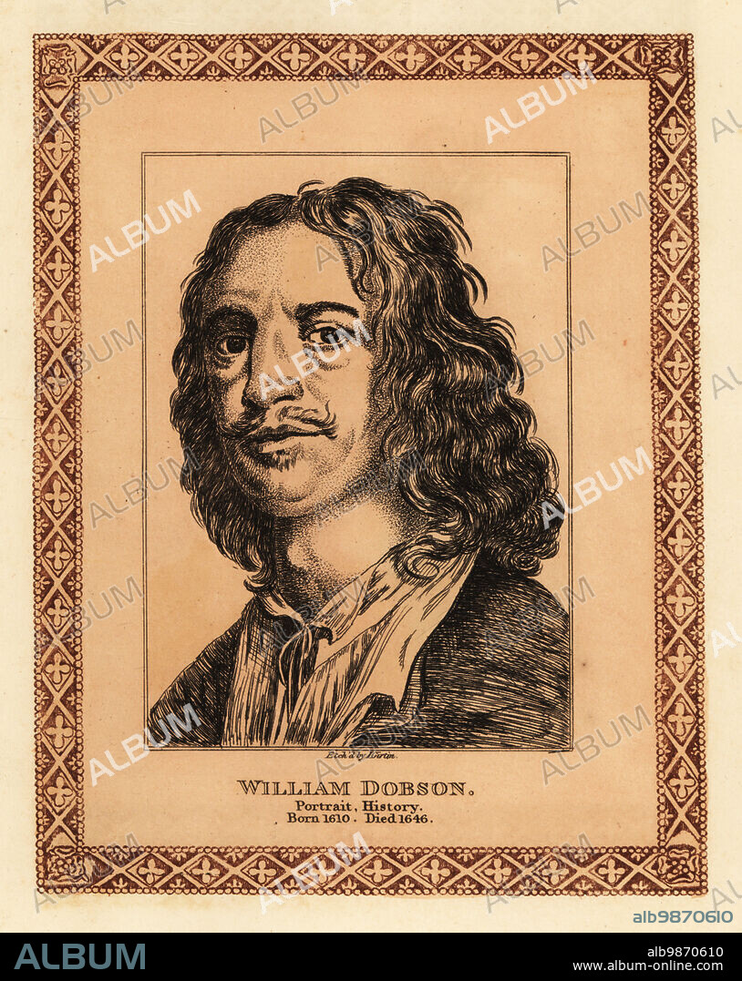 Portrait of William Dobson, 1611-1646, history painter and portraitist, one of the first significant English painters. Tinted etching within a decorative border by John Girtin after a self-portrait by Dobson (in Self-Portrait with Nicholas Lanier and Sir Charles Cotterell) from John Girtins Seventy-Five Portraits of Celebrated Painters from Authentic Originals, J. MCreery, London, 1817.