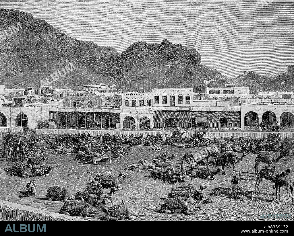 Caravanserai of pilgrims to Mecca in Jeddah in Saudi Arabia / Karawanserei der Pilger nach Mekka in Dschedda in Saudi-Arabien, Historisch, historical, digital improved reproduction of an original from the 19th century / digital restaurierte Reproduktion einer Originalvorlage aus dem 19. Jahrhundert, Originaldatum nicht bekannt.